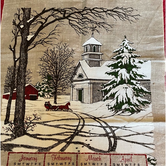 Vintage linen tea towel 1979 Christmas snow barn - Picture 2 of 3